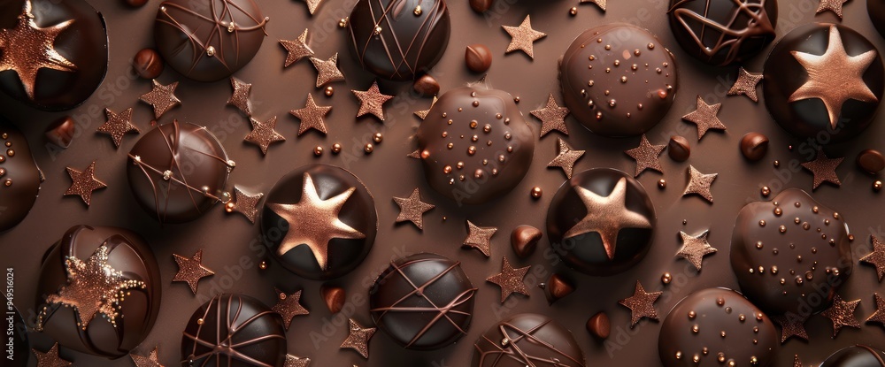 Chocolate brown with copper star patterns, cozy and inviting Chocolate brown with copper star patterns, cozy and inviting
