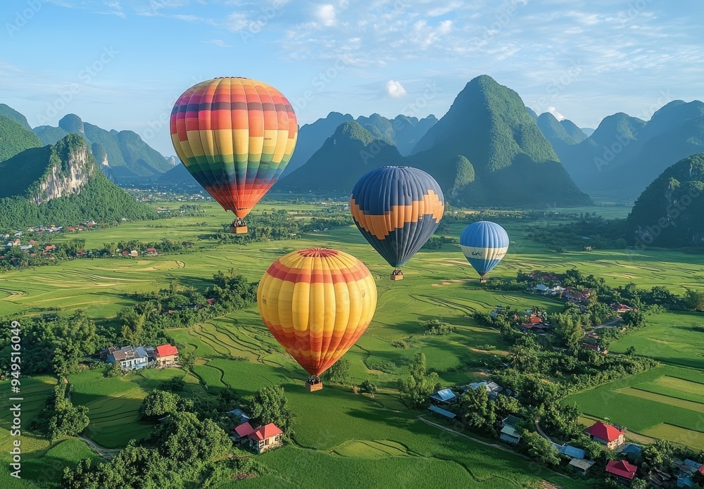 Fototapeta premium A photo of hot air balloons floating over the rice fields in Asia showcasing picturesque greenery and mountains in the background.