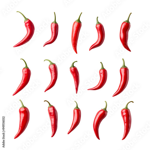 Flat lay of spicy red chilies on transparent background