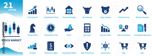 Stock market icon. Collection of financial business icons, candlestick charts, growth, bears and bulls. Solid vector icons.