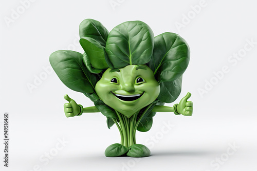 Smiling Spinach 3D Character Giving Thumbs Up Gesture Playful and Cheerful Design for Leafy Vegetable Lovers