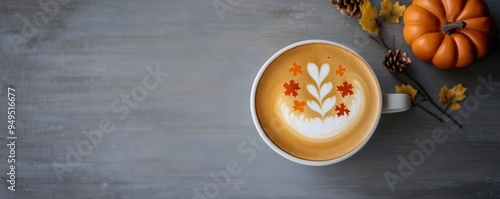 Thanksgiving-themed coffee art with latte foam designs of turkeys, leaves, and pumpkins, adding a festive touch to the morning brew, Thanksgiving coffee lovers, latte art photo