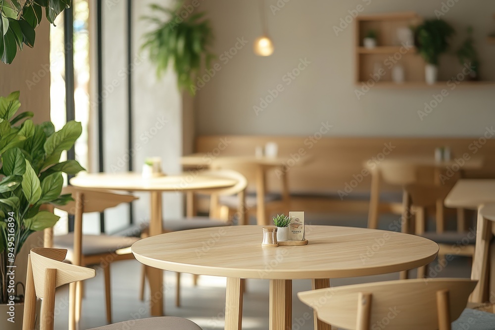 A cozy caf? interior with wooden furniture and greenery, inviting relaxation and socializing. A cozy caf? interior with wooden furniture and greenery, inviting relaxation and socializing.