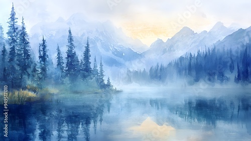 Misty morning at mountain lake pine trees surrounding soft watercolor pastels