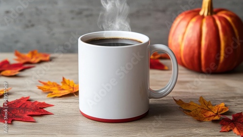 Personalized coffee mugs with Thanksgiving designs, filled with steaming coffee and surrounded by autumn leaves and pumpkins, Thanksgiving coffee lovers, personalized mugs photo