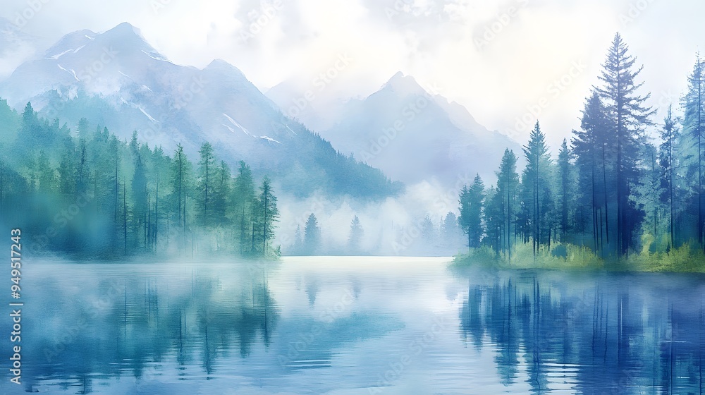 Fototapeta premium Misty morning at mountain lake pine trees surrounding soft watercolor pastels
