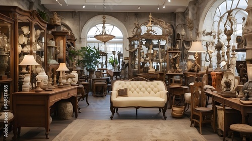 interior of an antique shop filled with furniture and antique, vintage items. Artificial Intelligence