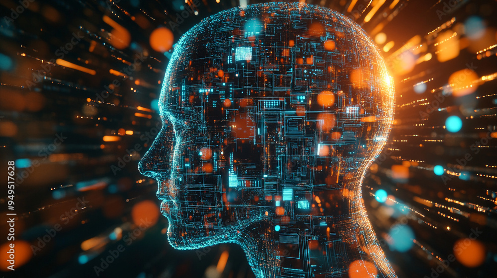 Futuristic human head showing machine learning and neural network brain concept with interconnected technological background blue and orange glowing dots and lines Futuristic human head showing machine learning and neural network brain concept with interconnected technological background blue and orange glowing dots and lines