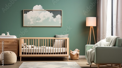 Mock up frame in children room with natural wooden furniture, 3D render   photo