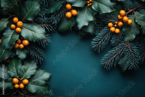 Holly leaves and yellow berries on pine branches with green setting. photo