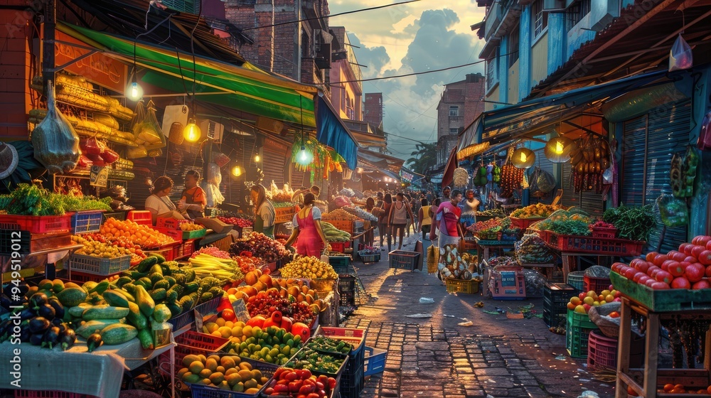 Fototapeta premium A vibrant urban street market with colorful stalls, fresh produce, local artisans, and bustling crowds.