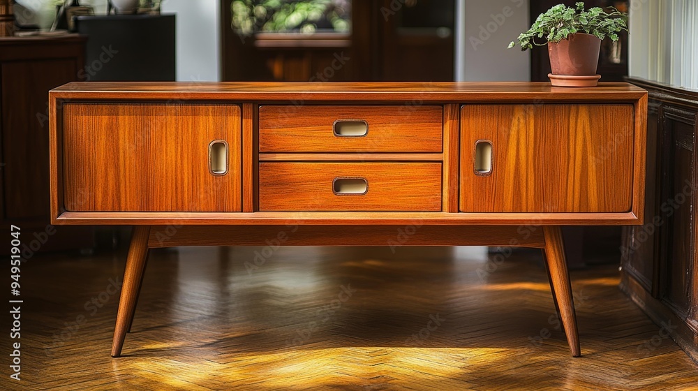 Mid-Century Modern Wooden Sideboard with Plant on Top Generative AI Mid-Century Modern Wooden Sideboard with Plant on Top Generative AI