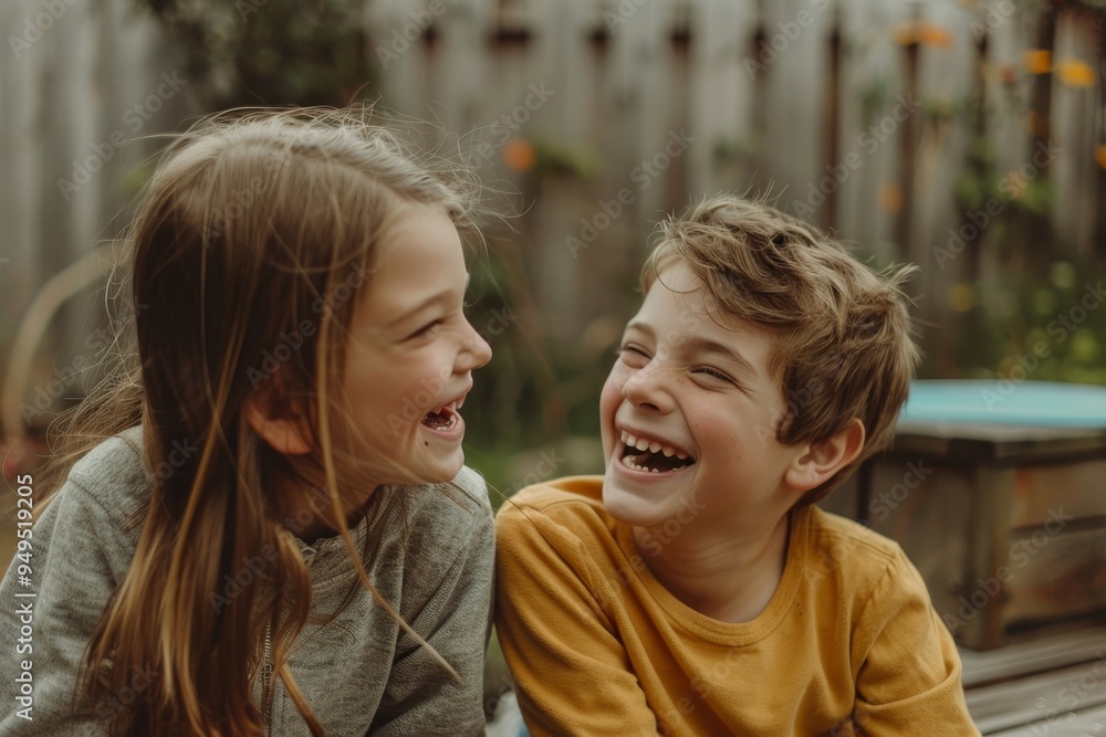 Two siblings laughing and playing on a wooden bench, Siblings laughing together as they play a game in the backyard Two siblings laughing and playing on a wooden bench, Siblings laughing together as they play a game in the backyard