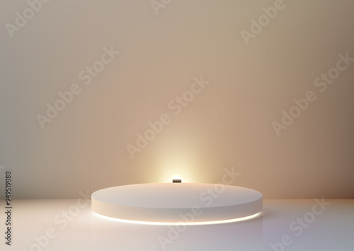 Minimalist 3D White Podium with Glowing Spotlight on Beige Background for Modern Product Display, Mockup, and Elegant Showroom Showcase
