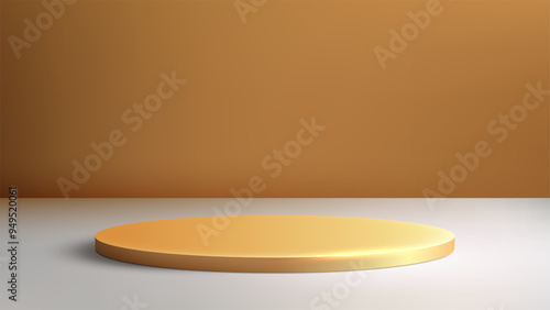 3D Gold Podium on Gray Surface with Warm Orange Background, Luxury Product Display, Showcase, and Mockup in a Modern Design
