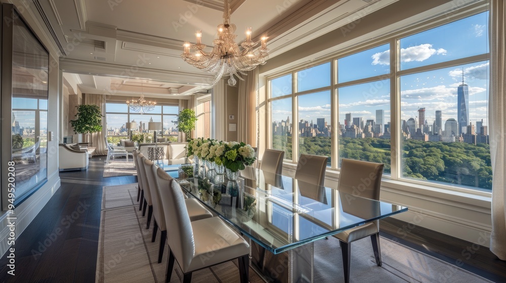 An elegant dining room with a long glass table, contemporary high-back chairs, a statement chandelier, and large windows with a view of a city skyline. An elegant dining room with a long glass table, contemporary high-back chairs, a statement chandelier, and large windows with a view of a city skyline.