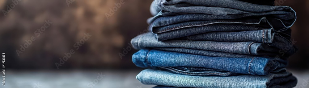 A stack of denim jeans in various washes, top view, showcasing casual fashion trends, futuristic tone, Triadic Color Scheme A stack of denim jeans in various washes, top view, showcasing casual fashion trends, futuristic tone, Triadic Color Scheme
