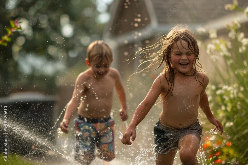Siblings joyfully run and play in a sprinkler in their backyard on a sunny day, Siblings running through a sprinkler in the backyard Siblings joyfully run and play in a sprinkler in their backyard on a sunny day, Siblings running through a sprinkler in the backyard