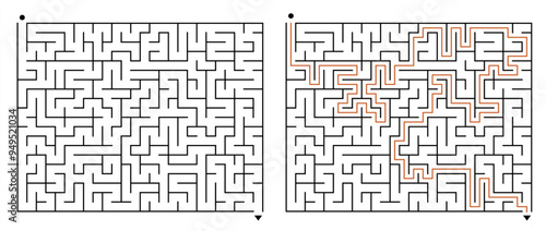 Black and White Minimalist Rectangular Maze Puzzle with Solution – Medium Difficulty Labyrinth for Cognitive Challenges and Brain Teasers