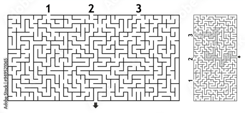 lack and White Minimalist Rectangular Maze Puzzle with Solution – Medium Difficulty Labyrinth Featuring Three Entrances and One Exit