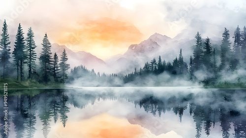 Misty dawn at mountain lake surrounded by pine trees watercolor soft gradients
