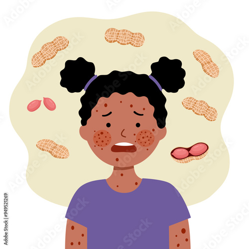 Sad black girl child with peanut allergy symptom in flat design.