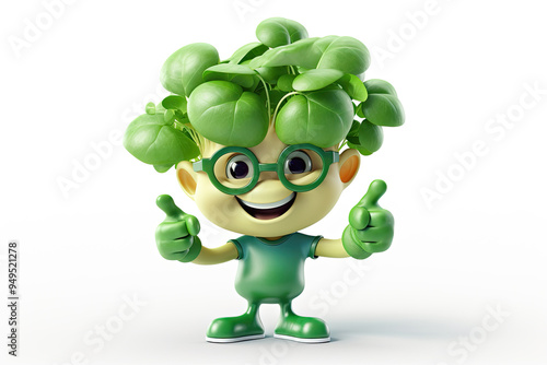 Smiling Watercress 3D Character Giving Thumbs Up Gesture Playful and Cheerful Design for Leafy Vegetable Lovers
