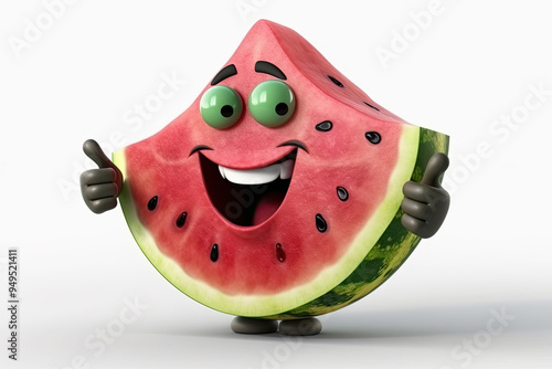 Smiling Watermelon Cartoon Character Giving Thumbs Up Gesture Playful and Cheerful Design for Watermelon Lovers and Refreshing Snack