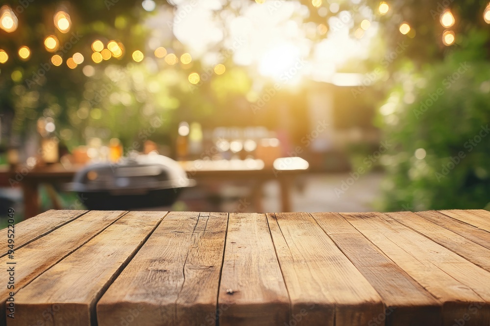 summer time party in backyard garden with grill BBQ, wooden table, blurred background , ai summer time party in backyard garden with grill BBQ, wooden table, blurred background , ai