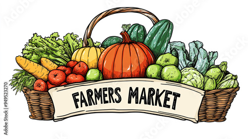 An illustrated basket overflowing with fresh vegetables and fruits, with a sign that reads 