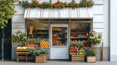 Fototapeta Naklejka Na Ścianę i Meble -  A well-stocked and neatly arranged fruit and vegetable market stand, adorned with fresh flowers under a decorative red-and-white canopy.
