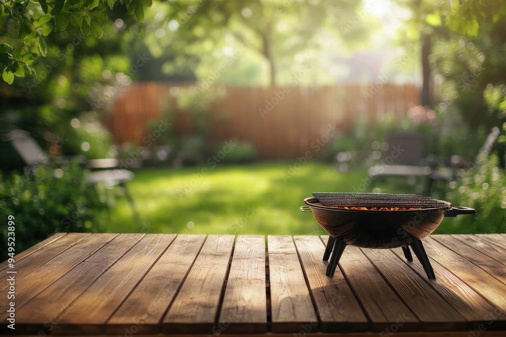 summer time party in backyard garden with grill BBQ, wooden table, blurred background , ai summer time party in backyard garden with grill BBQ, wooden table, blurred background , ai