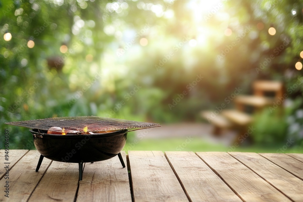 summer time party in backyard garden with grill BBQ, wooden table, blurred background , ai summer time party in backyard garden with grill BBQ, wooden table, blurred background , ai