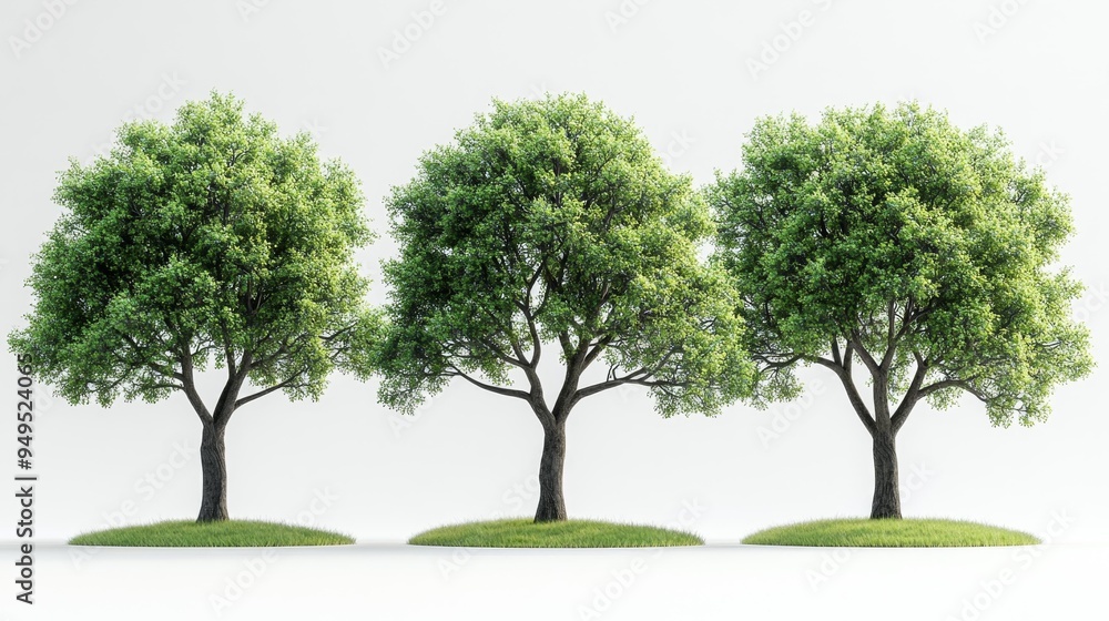 Three Lush Green Trees on Grass Patches Generative AI Three Lush Green Trees on Grass Patches Generative AI