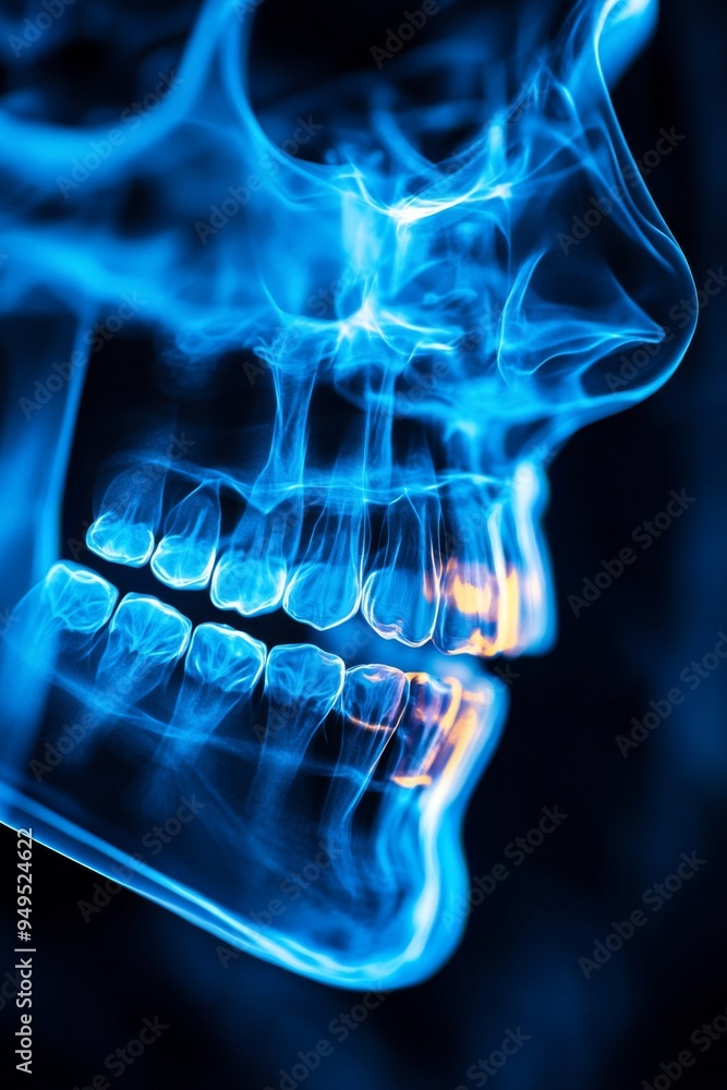 X-ray image of a human skull in blue light showing detailed jawbone structure, perfect for medical or scientific use. X-ray image of a human skull in blue light showing detailed jawbone structure, perfect for medical or scientific use.
