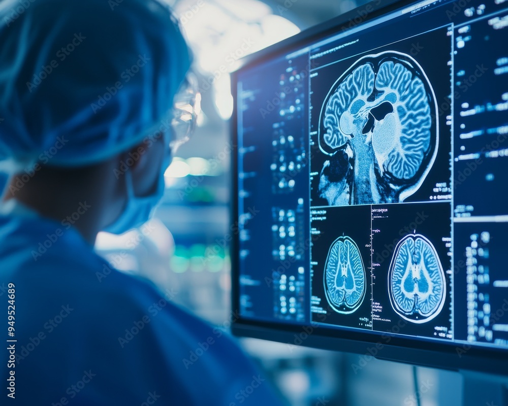 A medical professional analyzing brain scans on a computer monitor in a modern hospital setting, focusing on neurology and brain health. A medical professional analyzing brain scans on a computer monitor in a modern hospital setting, focusing on neurology and brain health.