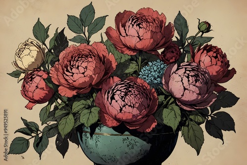 Fototapeta Naklejka Na Ścianę i Meble -  A vintage arrangement with old-fashioned flowers like peonies or hydrangeas in oldschool comic style