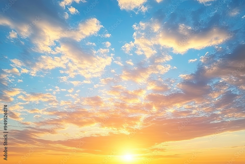 Fototapeta premium Beautiful sky background - Sunset Sunrise sky with light clouds and real sun , ai