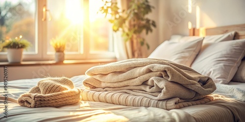 cozy morning light creases on blanket folded clothes on unmade bed soft pastel hues relaxed atmosphere depth of field composition photo