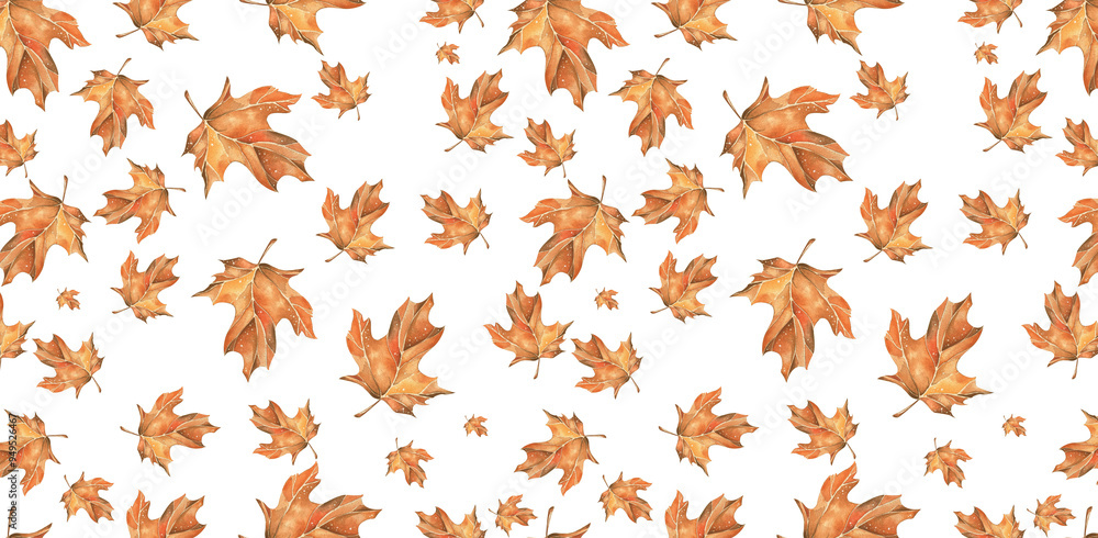 Seamless Pattern Autumn Bright Maple Leaves. Watercolor Succulent Illustration. White Background. For Home Textiles, Wallpaper, Packaging, Website Design, Blogs, Postcards Seamless Pattern Autumn Bright Maple Leaves. Watercolor Succulent Illustration. White Background. For Home Textiles, Wallpaper, Packaging, Website Design, Blogs, Postcards
