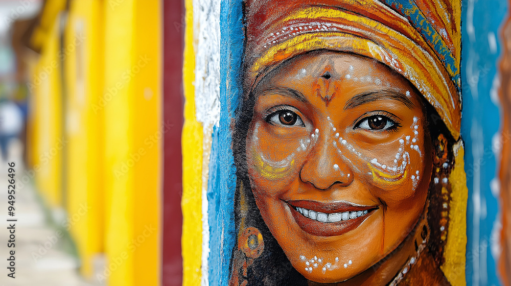 Naklejka premium A colorful street art mural in BogotÃ¡, Colombia, depicting scenes of local culture, history, and social issues, street art, BogotÃ¡, Colombian culture