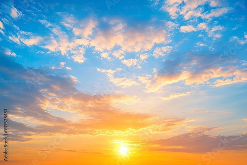 Beautiful sky background - Sunset Sunrise sky with light clouds and real sun , ai