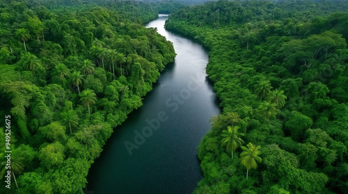 A lush tropical rainforest in the Amazon, with exotic wildlife, dense foliage, and a river winding through the scene, Amazon rainforest, wildlife, nature