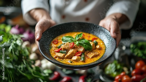 Plating Authentic Thai Curry with Fresh Ingredients in Background