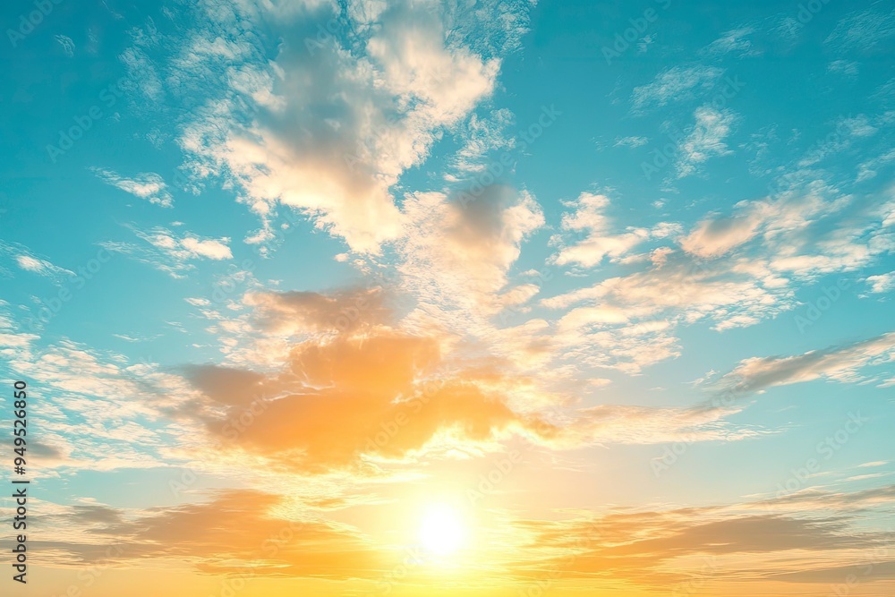 Obraz premium Beautiful sky background - Sunset Sunrise sky with light clouds and real sun , ai