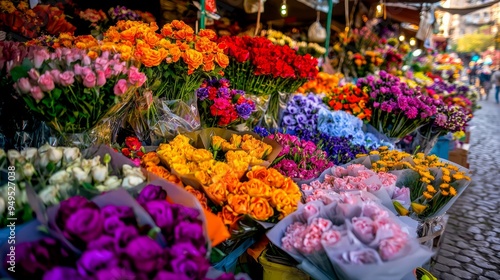 Colorful flower bouquets on display at a market stall, showcasing vibrant hues of pink, purple, orange, yellow and red.