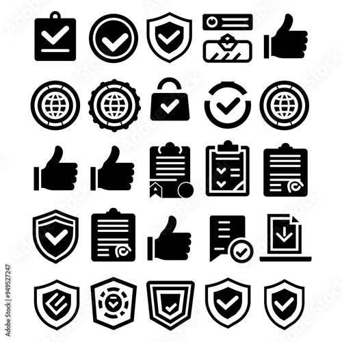 Approval flat icons set. Check mark, certified, validation, agreement, thumps up, settings, shield icons and more signs. Flat icon collection.