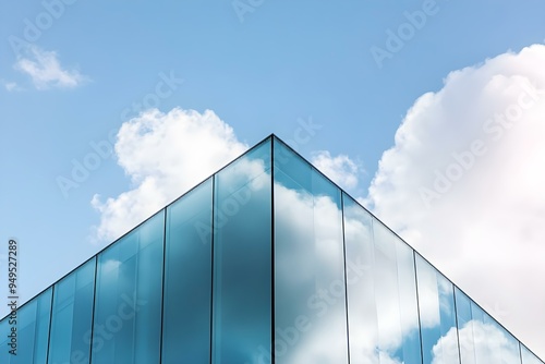 An angular glass building with the reflection of clouds on its surface, against a light blue sky background