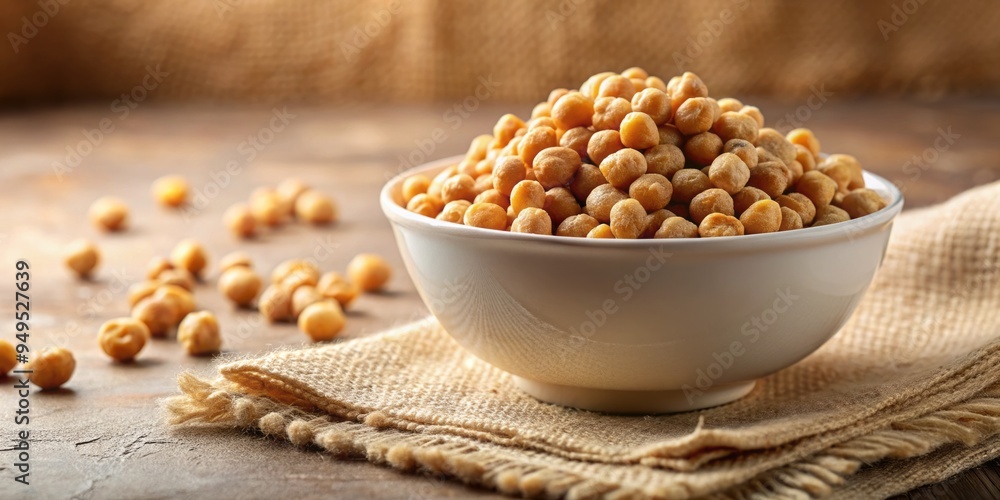 Crunchy chickpeas tumble from a glass bowl, situated on a warm beige surface, bathed in soft morning light and gentle warmth. Crunchy chickpeas tumble from a glass bowl, situated on a warm beige surface, bathed in soft morning light and gentle warmth.