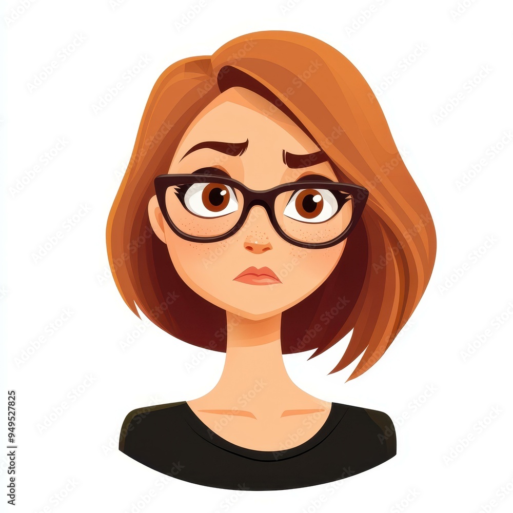 A cartoonstyle illustration of a young woman with shoulderlength brown hair and glasses, deep in thought with a quirky expression. A cartoonstyle illustration of a young woman with shoulderlength brown hair and glasses, deep in thought with a quirky expression.